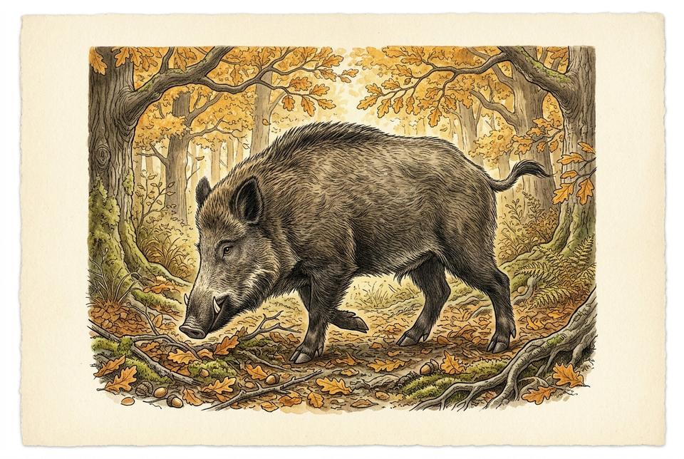 Divlja svinja (Sus scrofa) u hrastovoj šumi