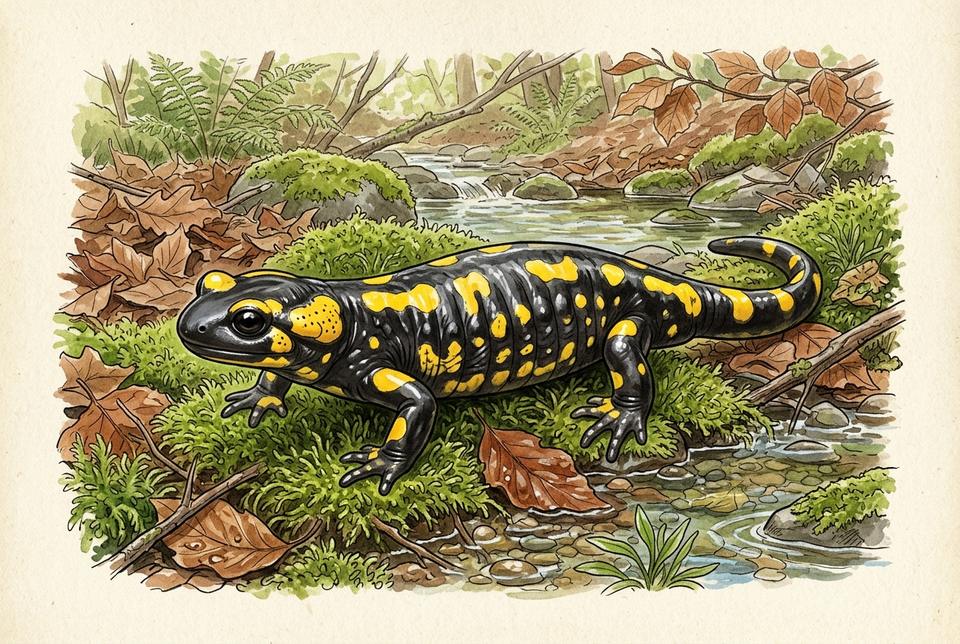 Šareni daždevnjak (Salamandra salamandra) u vlažnoj bukovoj šumi