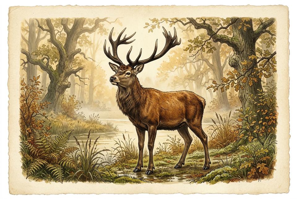 Evropski jelen (Cervus elaphus) u ritskoj hrastovoj šumi