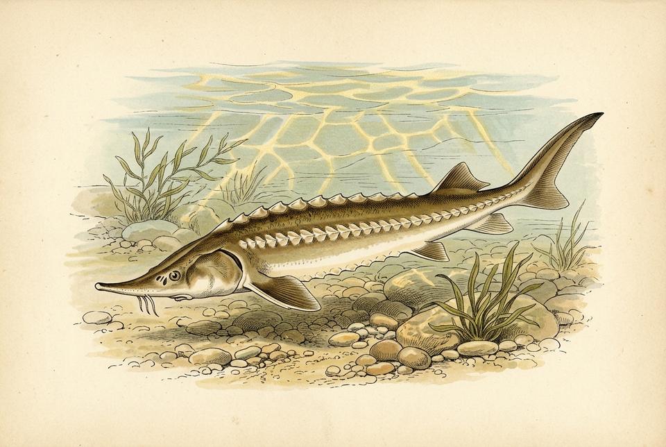 Kečiga (Acipenser ruthenus) iznad šljunkovitog rečnog dna