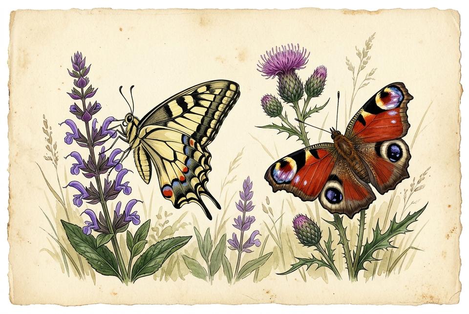 Lastin rep (Papilio machaon) i paunovo oko na livadskom cveću