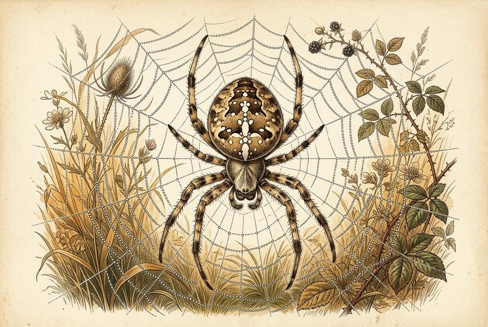Pauk krstaš (Araneus diadematus) na mreži sa jutarnjom rosom
