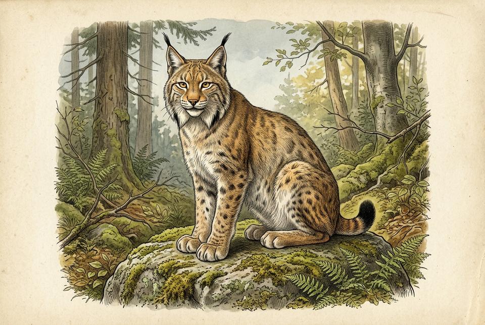 Evroazijski ris (Lynx lynx) na mahovinom prekrivenoj steni u šumi