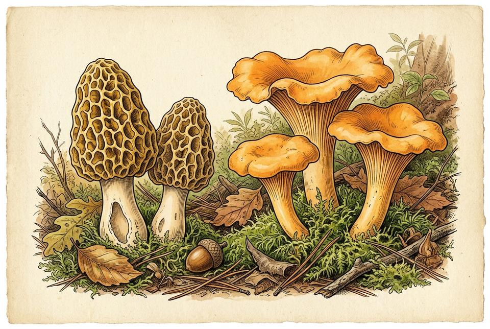 Lisičarka (Cantharellus cibarius) i smrčak (Morchella esculenta) u šumskoj mahovini