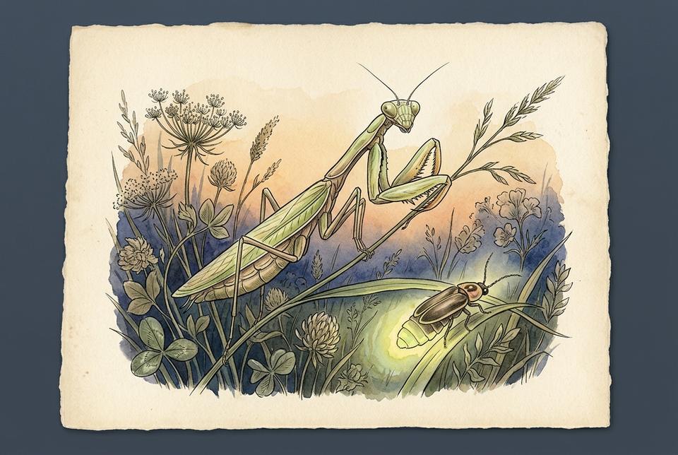 Bogomoljka (Mantis religiosa) i svitac u prirodnom staništu