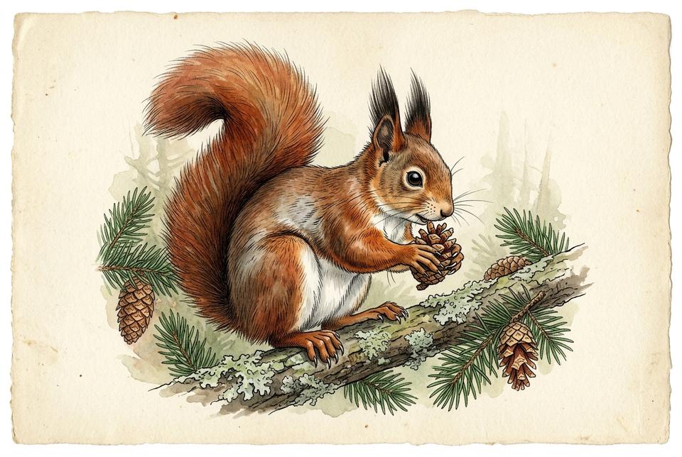 Evropska veverica (Sciurus vulgaris) na grani sa šišarkom