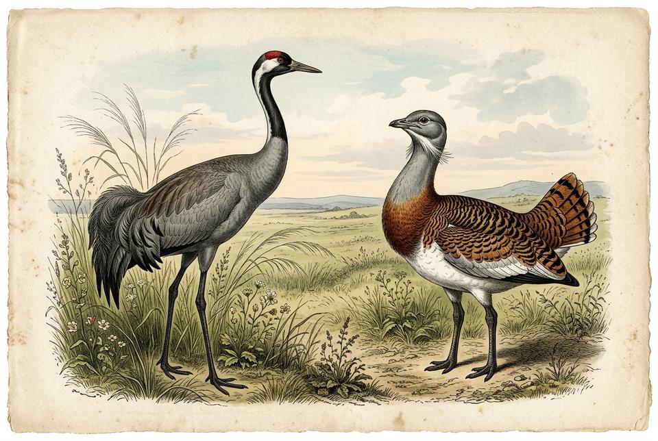 Evroazijski ždral (Grus grus) i velika droplja (Otis tarda)