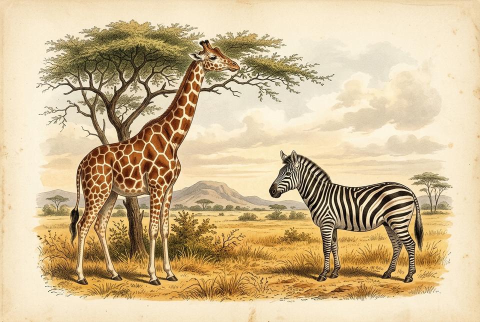 Žirafa i stepska zebra u savanskom staništu