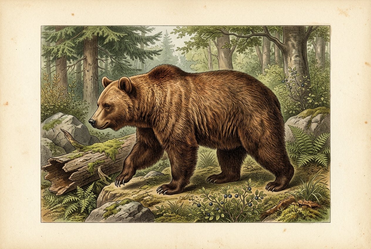Mrki medved (Ursus arctos) u planinskoj mešovitoj šumi
