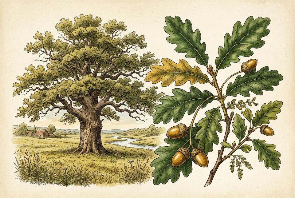 Stablo, list i žir hrasta lužnjaka (Quercus robur)