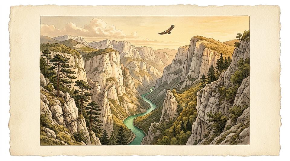 Krečnjačka klisura i planinski greben sa četinarima